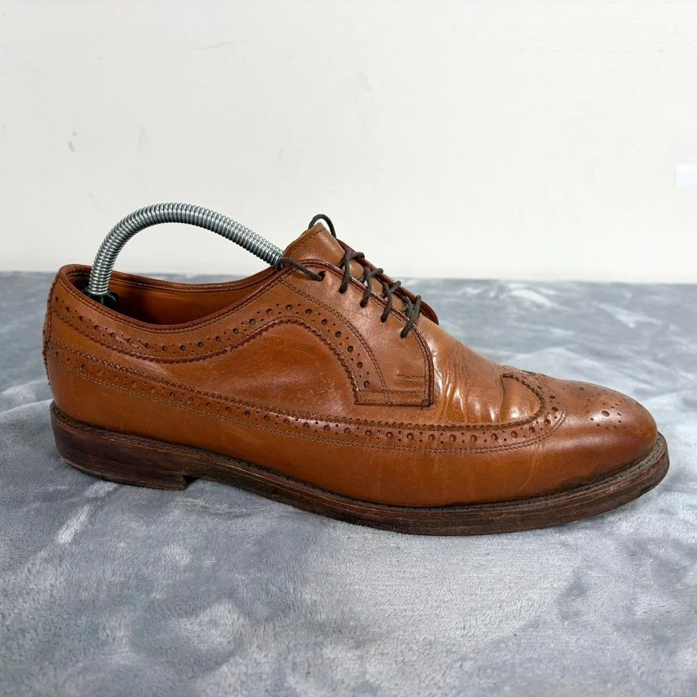 Ralph Lauren Sanderson Burnished Wingtip Oxford Dress Shoes Mens 10 D Brown Tan